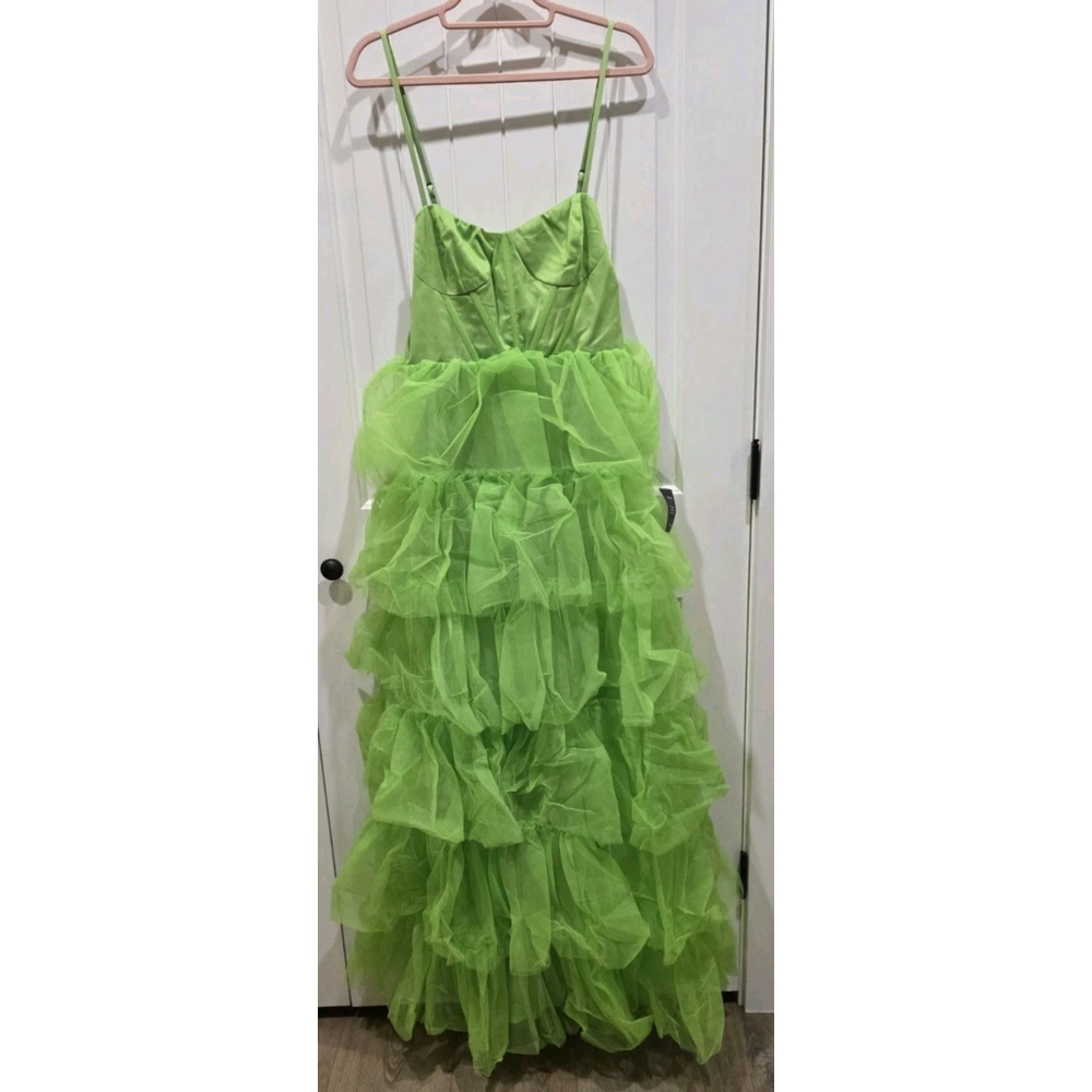 NWT $128 Lulus Rule the Runway Lime Green Tulle Tiered Maxi Dress Womens L - Picture 5 of 10
